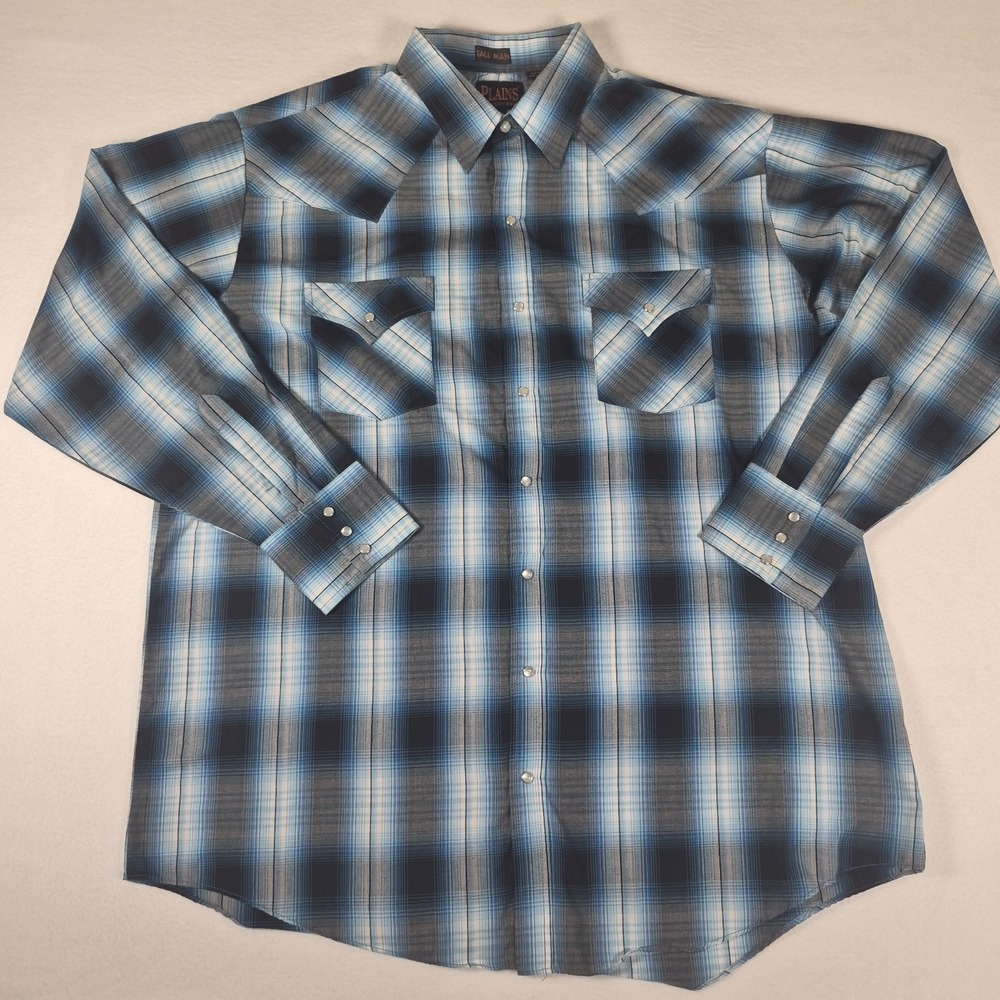Plains Western Wear Pearl Snap Men's XLT Blue Black Plaid Long Sleeve Tall Man